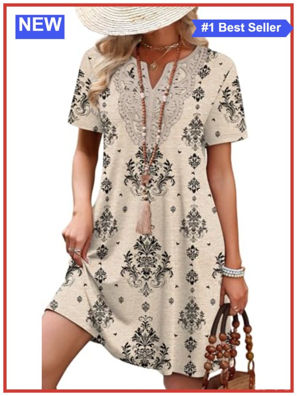 Womens Lace Trim V-Neck Short Sleeve Summer Dress